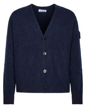 Stone Island Deep V-Neck Button-Down Wool Cardigan - Blue