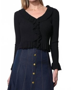 Greylin Fern Ribbed Ruffle Knit Top - Black