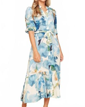 Renuar Floral Belted Button Shirt Midi Dress - Blue