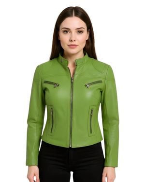 Infinity Leather Casual Slim-Fit Leather Biker Jacket-Tulsa - Green