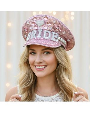 Fashnzfab Pearl Bride Lettering Rhinestone Heart Embellished Sequin Bridal Captain Hat - Pink