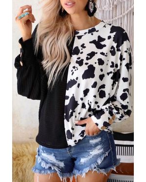 Shiying Fashion Cow Patchwork Waffle Knit - Black