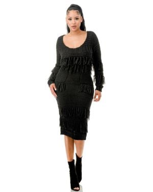 TRUEDAMES Knit Long Sleeve Fringe Dress - Black