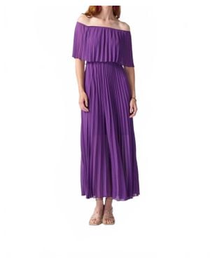 Joseph Ribkoff Off-Shoulder Pleated Chiffon Party Long Maxi Dress - Purple