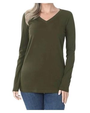 Zenana Cotton V-Neck Long Sleeve - Green