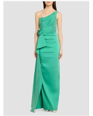Teri Jon Flower-Corsage One-Shoulder Taffeta Gown - Green