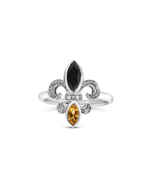 Haus of Brilliance 925 Sterling Onyx And Citrine Marquise And Diamond Accent Fleur De Lis Ring - White