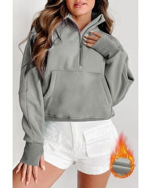 TRUEDAMES Fleece Lined Zip Up Stand Collar Thumbhole Sleeve Sweatshirt - Gray