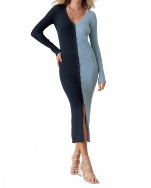 Mustard Seed Brooke Ribbed Two Tone Button Down V-Neck Knit Maxi Dress - Blue