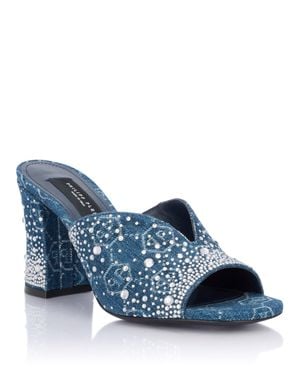 Philipp Plein Denim Mid Heels Platform Sandals Monogram Strass - Blue