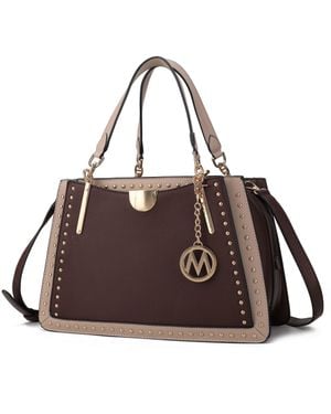 MKF Aubrey Vegan Leather Multi Compartment Satchel Handbag - Color Block - Brown