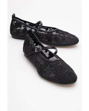 Prologue Shoes Juny Mesh Floral Embroidery Ballet Flat - Black