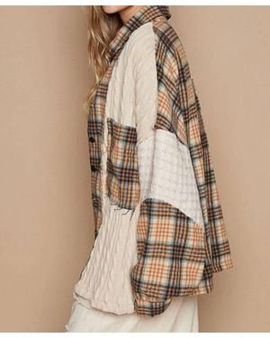 Pol Vintage Washed Knit Patch Front Pocket Plaid Shirt - Natural