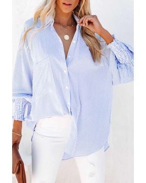 TRUEDAMES Sky Smocked Cuffed Striped Boyfriend Shirt With Pocket - White