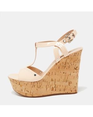 Casadei Pale Patent Leather Cork Wedge T Strap Sandals - Natural