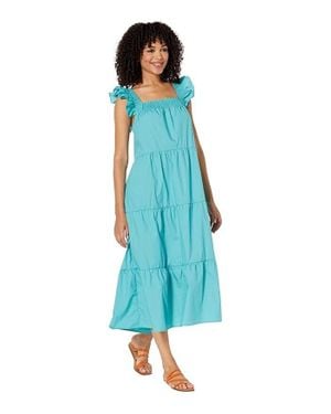 Moon River Dress Cotton Tiered Flutter Sleeves A-Line Jdm803 - Blue