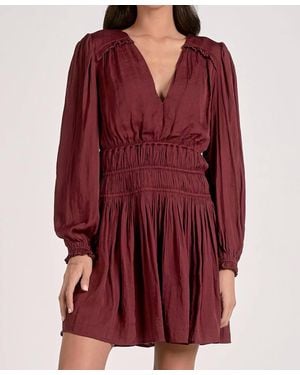 Elan V-Neck Long Sleeve Smocked Waist Dress - Red