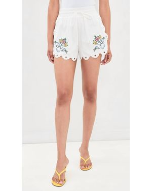 Moon River Scallop Floral Embroidered Shorts - Blue