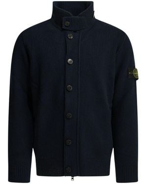Stone Island High Ribbed Collar Cardigan With Button Placket And Distinctive Patch - Blue