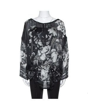 Roberto Cavalli Floral Print Silk Sheer Kaftan Blouse - Gray