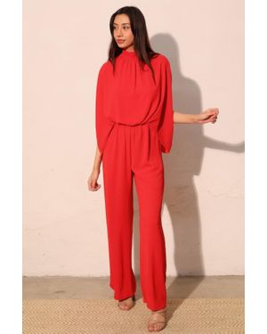 TRUEDAMES Textured Solid Mock Neck Caftan Jumpsuit