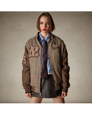 Members Only Oversized Tweed Varsity Jacket - Brown