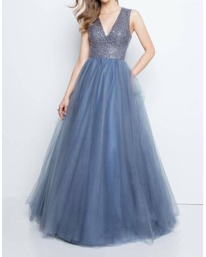 Terani Sleeveless V-Neck Tulle Prom Ball Gown - Blue