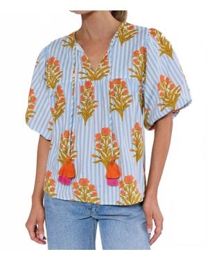 Thml Puff Sleeve Floral Striped Top - Blue