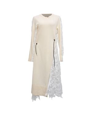 Sacai Knitted Lace Accent Long Sleeve Midi Sweater Dress - Natural