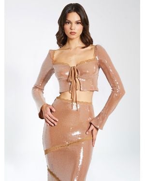 Miss Circle Ollie Nude Sequin Lace Up Top With Lace Trim - Natural