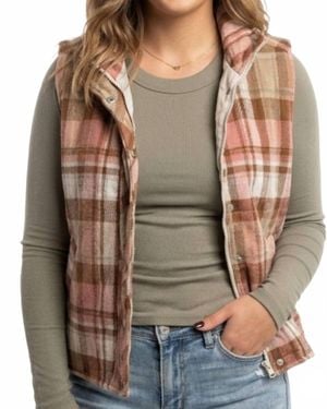 Staccato Zipper Front Plaid Vest - Brown