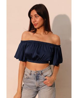 TRUEDAMES Washed Poly Silk Bubble Sleeve Crop Top - Blue