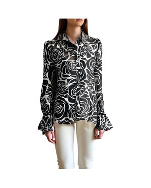 MILLY Printed Sheer Button-Down Top - Black