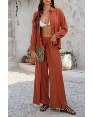 TRUEDAMES Two Pieces Split Solid Button Down Sets - Brown