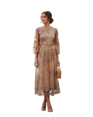 Bigio Collection Embroidered Prairie Sleeve Sheer Midi Dress - Natural