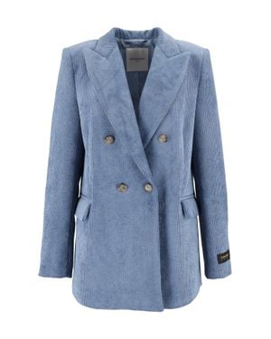 Ermanno Scervino Corduroy Double-Breasted Wide Lapel Flap Pocket Blazer - Blue