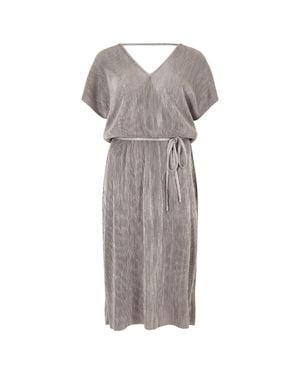Apricot Plisse V Neck Dress - Gray