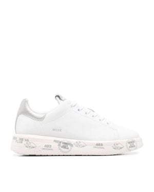 Premiata Leather Graphic Metallic Accent Sneakers - White