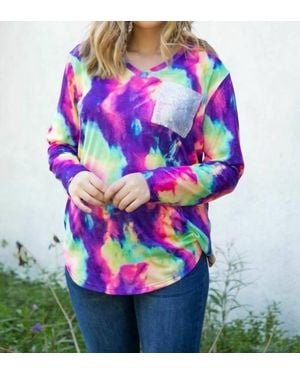 Lucky & Blessed Tie Dye V Neck Sequin Pocket Bright Colors Top - Purple