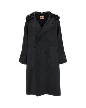 Plan C Melange Sequin Collar Double-Breasted Wool Coat - Black