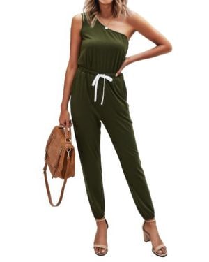 TRUEDAMES One Shoulder Sleeveless Elastic Waist Jumpsuit - Green