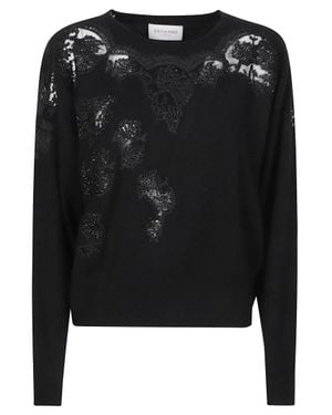 ERMANNO FIRENZE Round Neck Lace Embellished Wool Cropped Sweater - Black