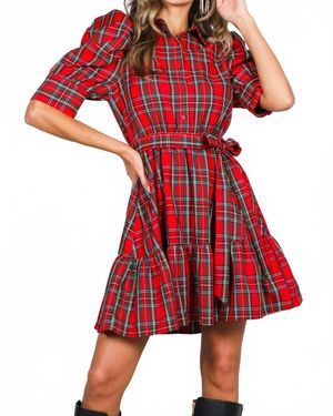 Vine & Love Plaid Short Puff Sleeve Mini Dress - Red