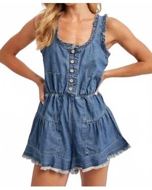Bluivy Button Front Scoop Neck Ruffled Denim Romper - Blue