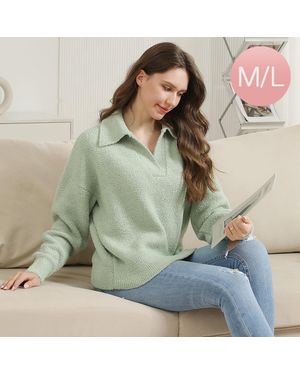 TRUEDAMES Solid Collar Pullover Sweater - Green