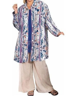 On The Plus Side Printed Long Sleeve Chiffon Button Up Rodie Tunic - Blue