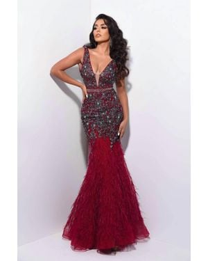 Jasz Couture Floral Embroidered Deep V-Neck Feathered Dress