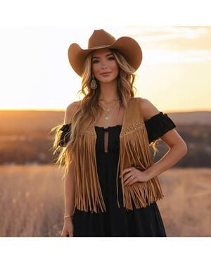 TRUEDAMES Western Studded Fringe Open Front Vest - Brown