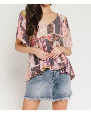 Olivaceous Floral Patch Flutter Sleeve Top - Blue