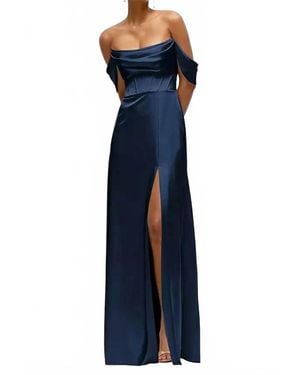 After Six Satin Convertable Off-Shoulder A-Line Gown - Blue